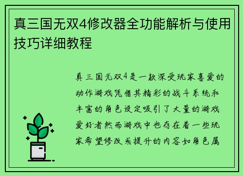 真三国无双4修改器全功能解析与使用技巧详细教程 真三国无双4修改器全功能解析与使用技巧详细教程
